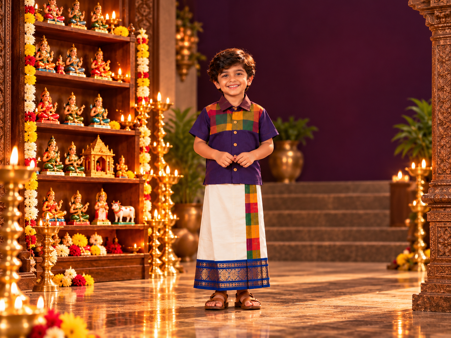 Purple Seyon - Boys Purple Shirt & Pull up Veshti with Palum Pazhamum Checks