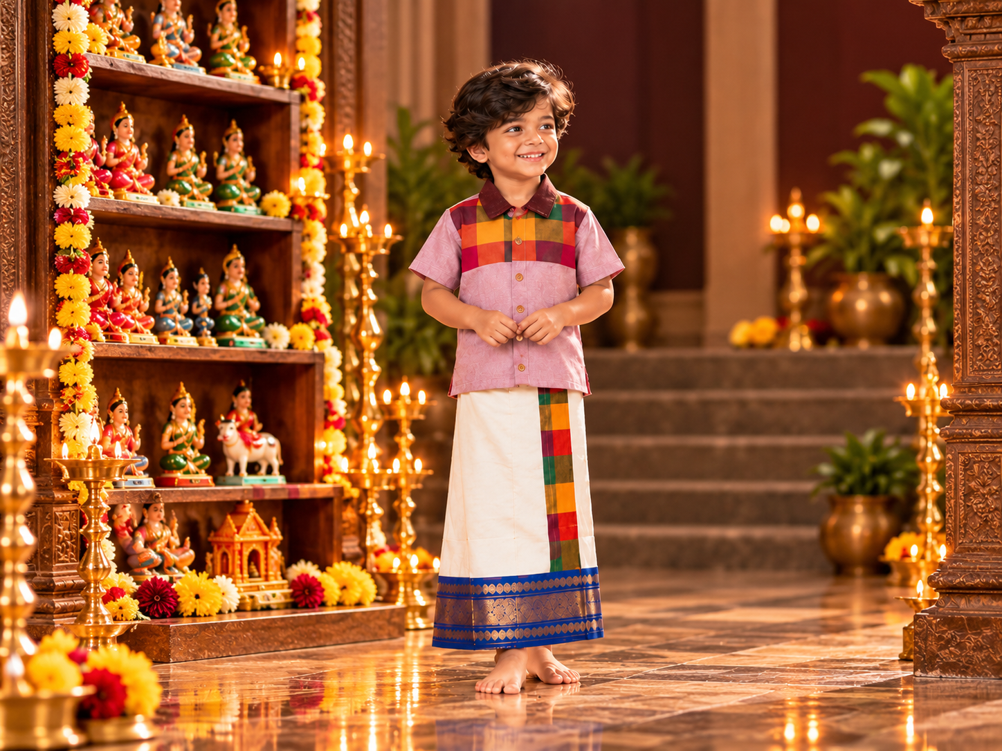 Lavendar Seyon - Boys Lavendar Shirt & Pull up Veshti with Palum Pazhamum Checks