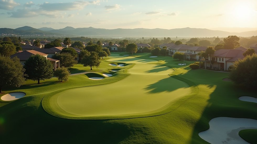 High angle view of a golf course with homes surrounding it
