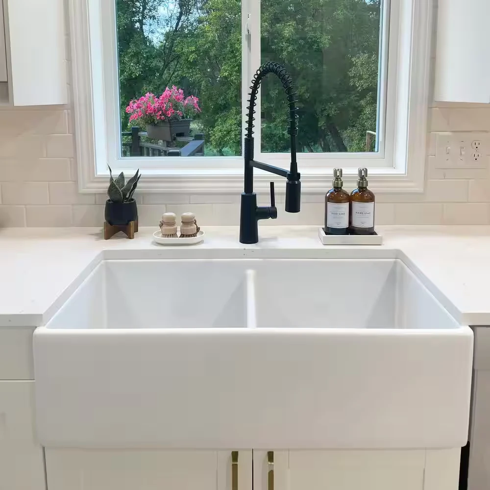(24-36)in.Farmhouse Apron Front Undermount Double Bowl Crisp White Fireclay Sink