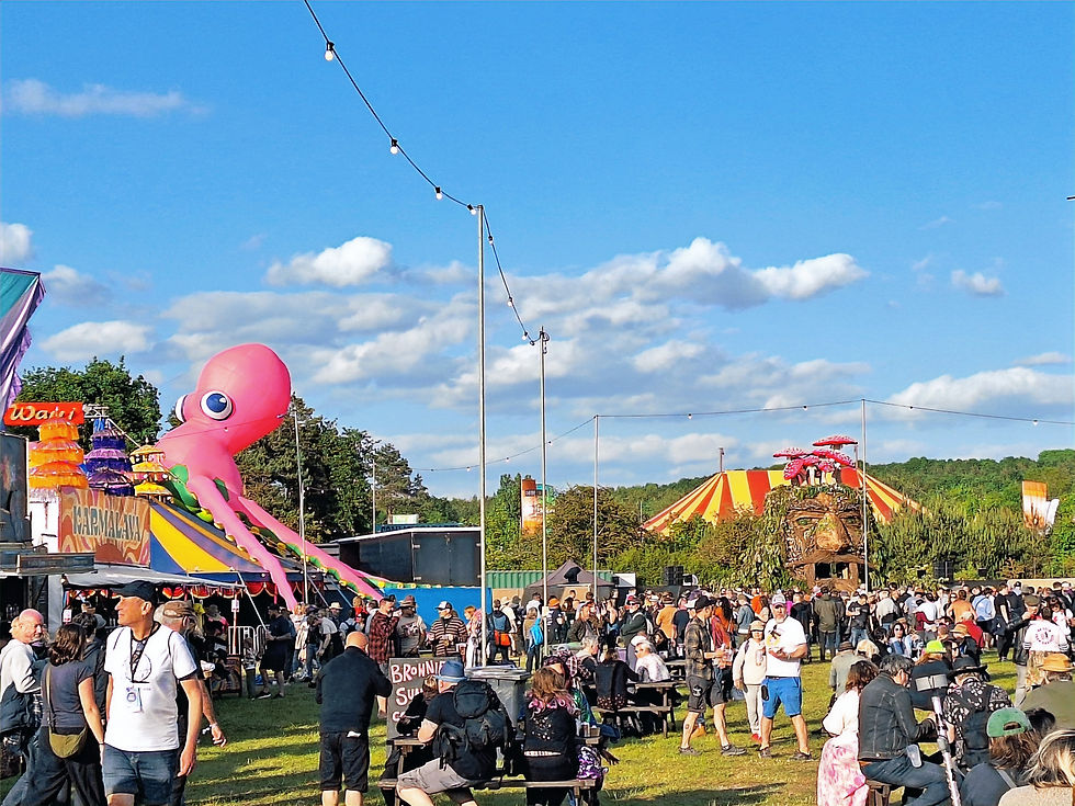 Festivalgoers moving through the arena at Bearded Theory Festival, with food stalls and temporary attractions.