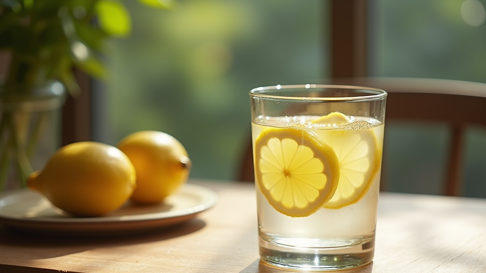 Close-up view of a glass of water with lemon slices on a wooden table