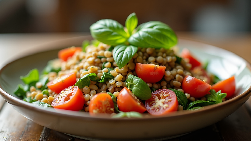 Close-up view of a colorful healthy meal with vegetables and grains