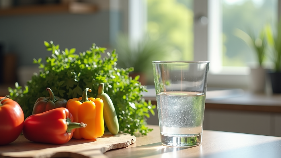 close-up view of a glass of water and fresh vegetables on a kitchen table