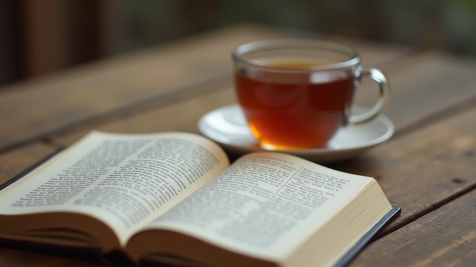 Close-up view of an open book with a cup of tea beside it