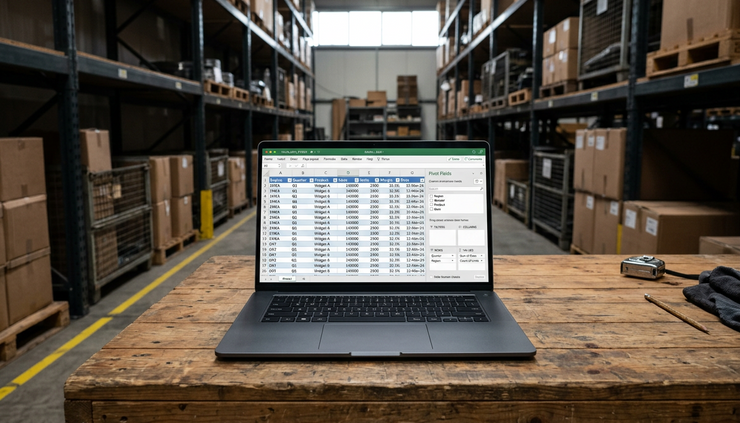 Close-up view of a laptop screen showing a structured sales data grid on a wooden workbench.