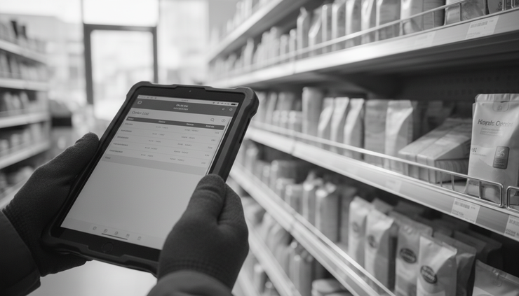 Close-up view of a tablet showing a product order list beside neatly arranged retail shelves