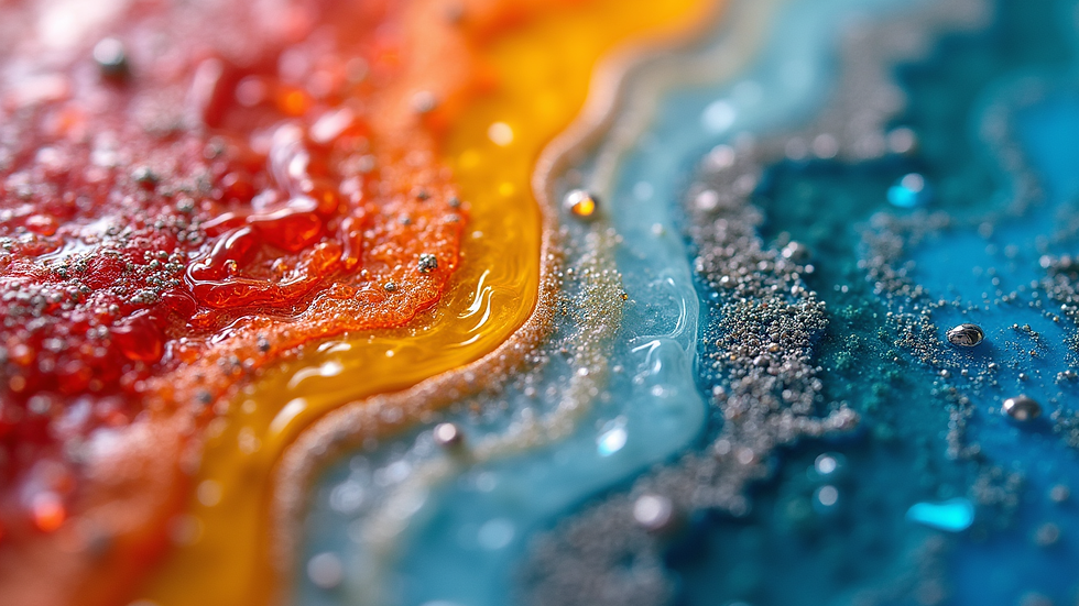 Close-up view of colourful resin art with swirling patterns
