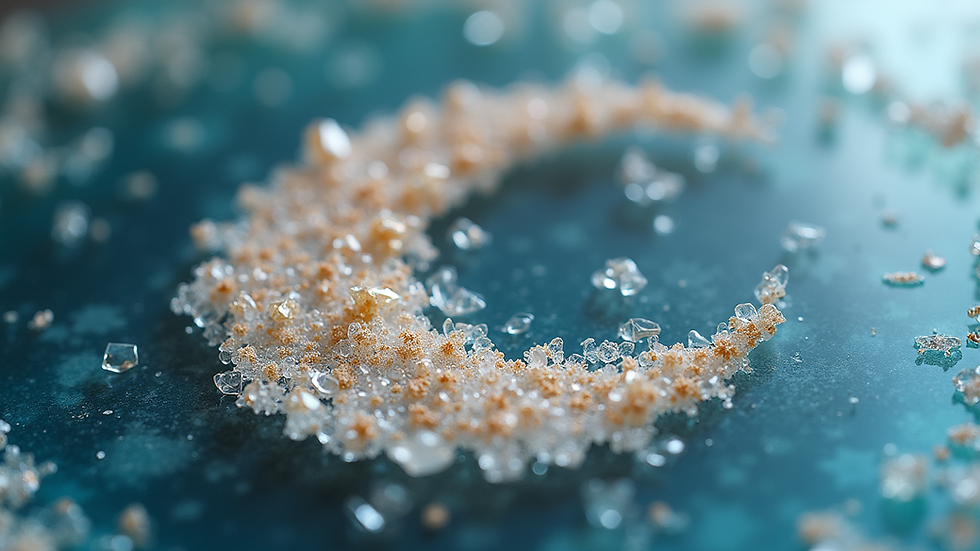 Close-up view of a resin art piece with embedded crystals and moon design