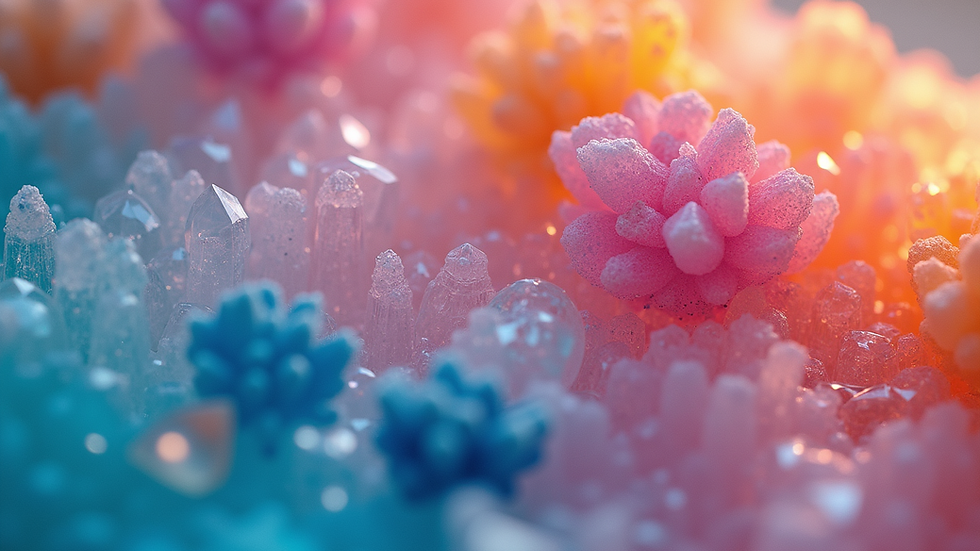 Close-up view of a colourful resin art piece with embedded crystals