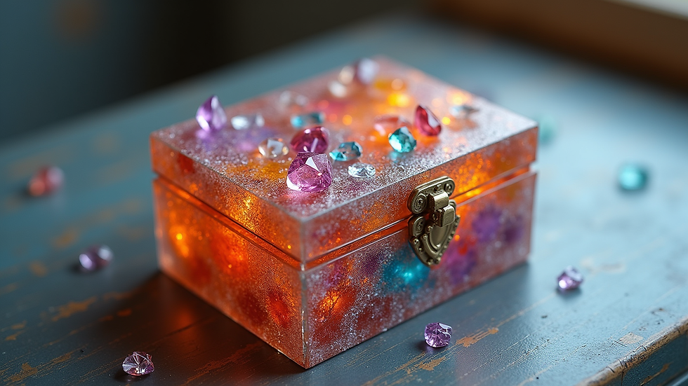 Eye-level view of a resin keepsake box with embedded crystals and colourful patterns