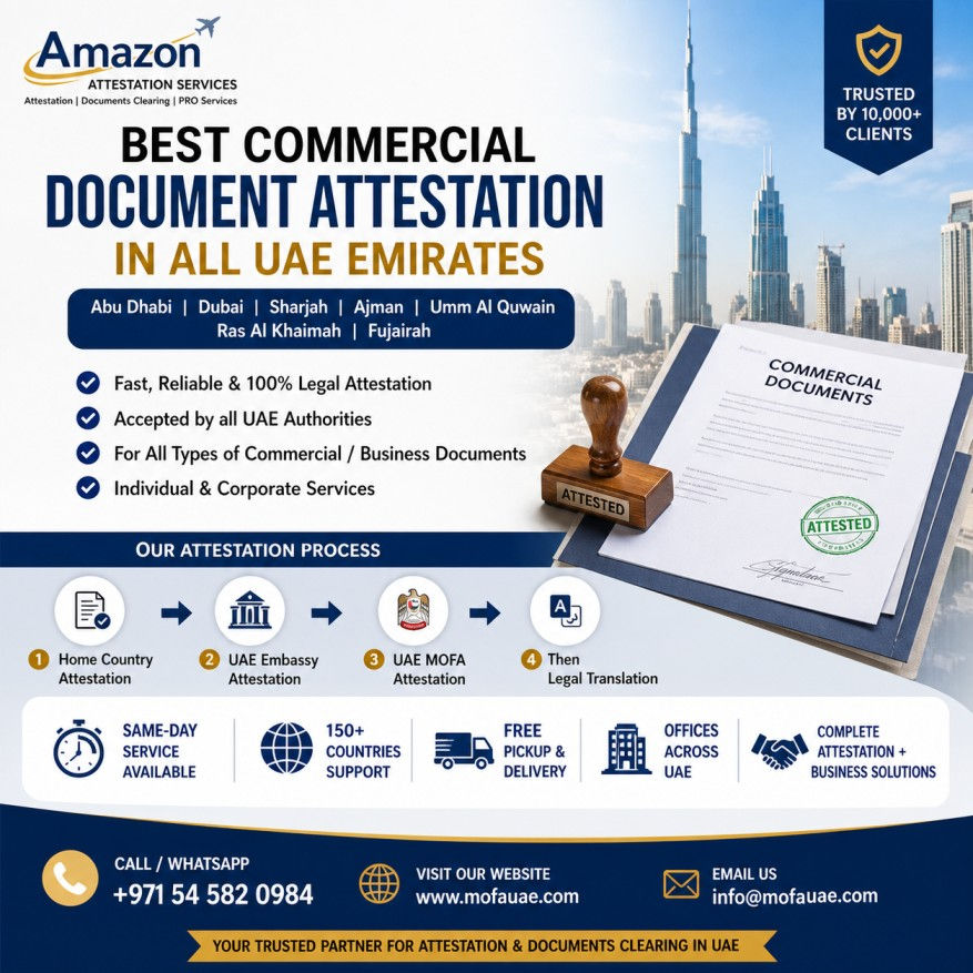 Infographic for Amazon Attestation Services, promoting commercial document attestation in the UAE. Includes service details and contact info.