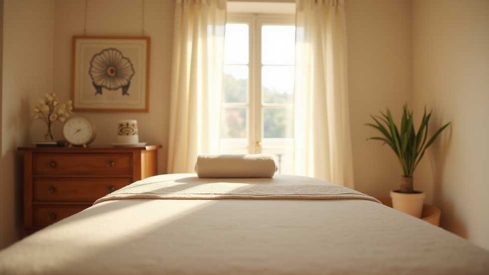 Eye-level view of a peaceful room with soft lighting and massage table