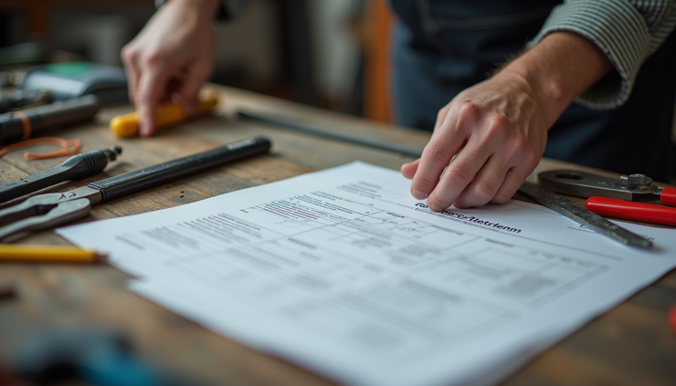 Close-up view of electrical tools and paperwork on a workbench