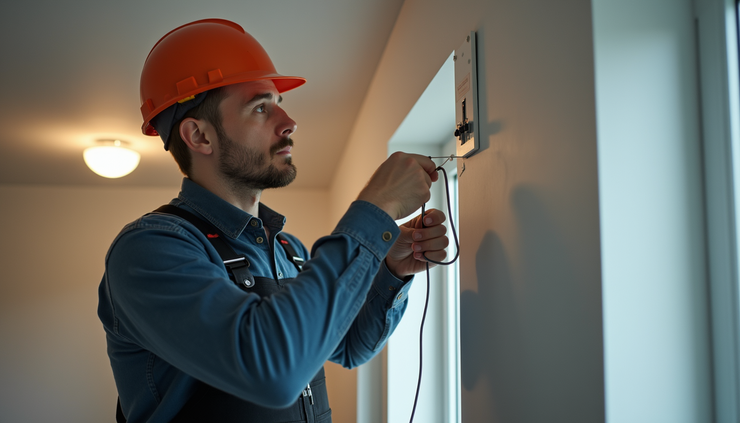Eye-level view of an electrician installing wiring in a modern Irish home