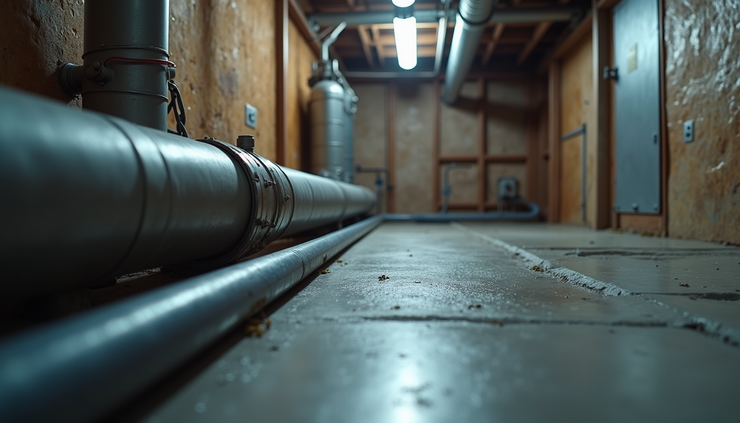 Eye-level view of bonded metal pipes and electrical earth conductor in Irish residential utility room
