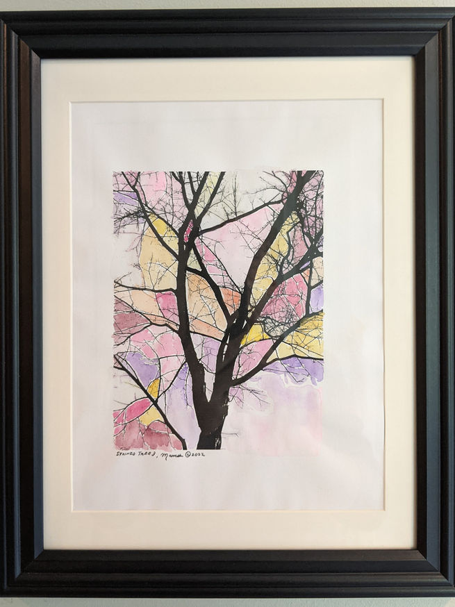 Hand water colored tree image on watercolor paper.  Framed