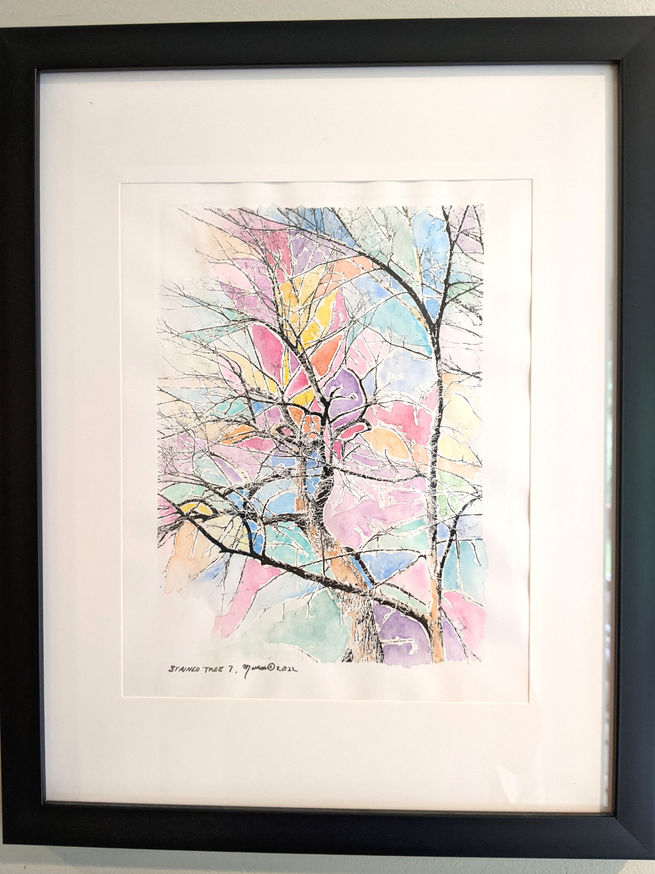 Hand water colored tree photo on watercolor paper, with frame.