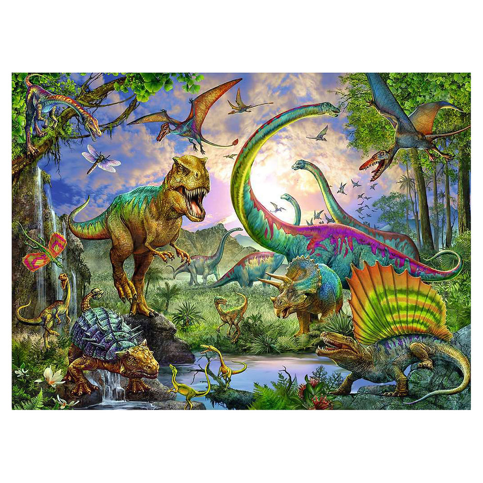 Vibrant dinosaur scene: T-Rex, Triceratops, Pterosaurs