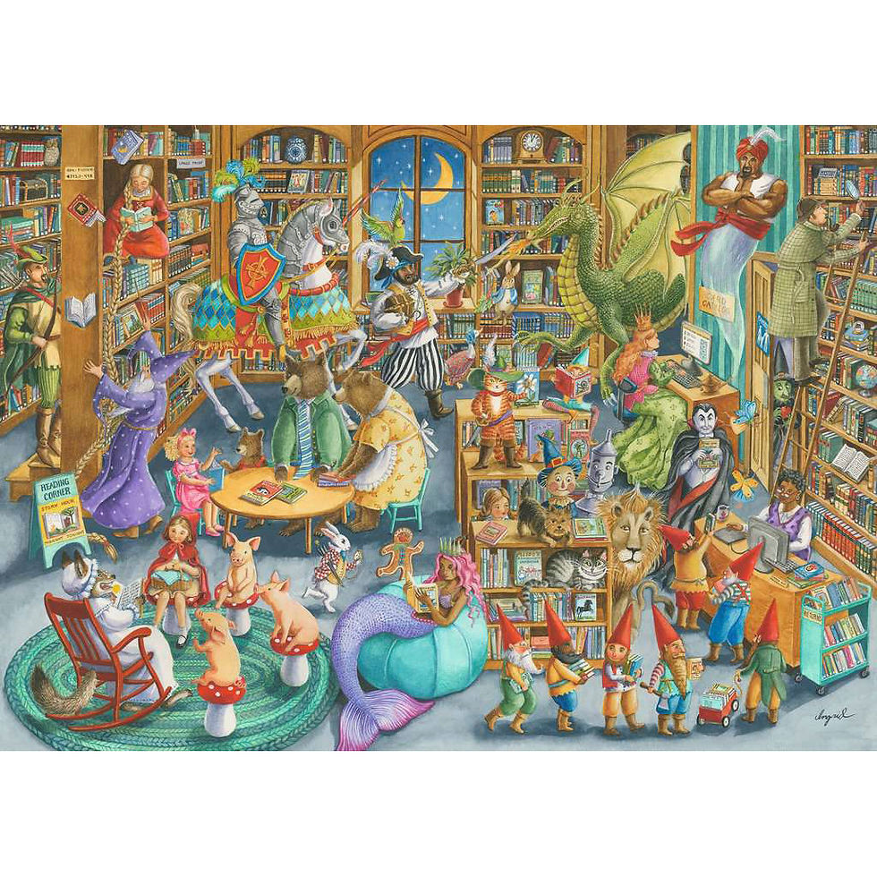 Animals dancing in a whimsical bookstore