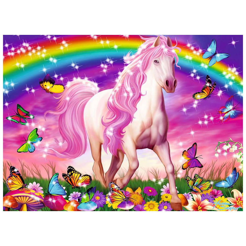 Pink unicorn horse rainbow butterflies