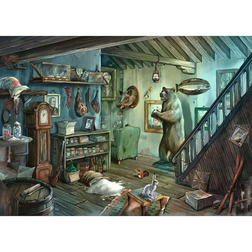 Detailed illustration of a rustic room with a bear