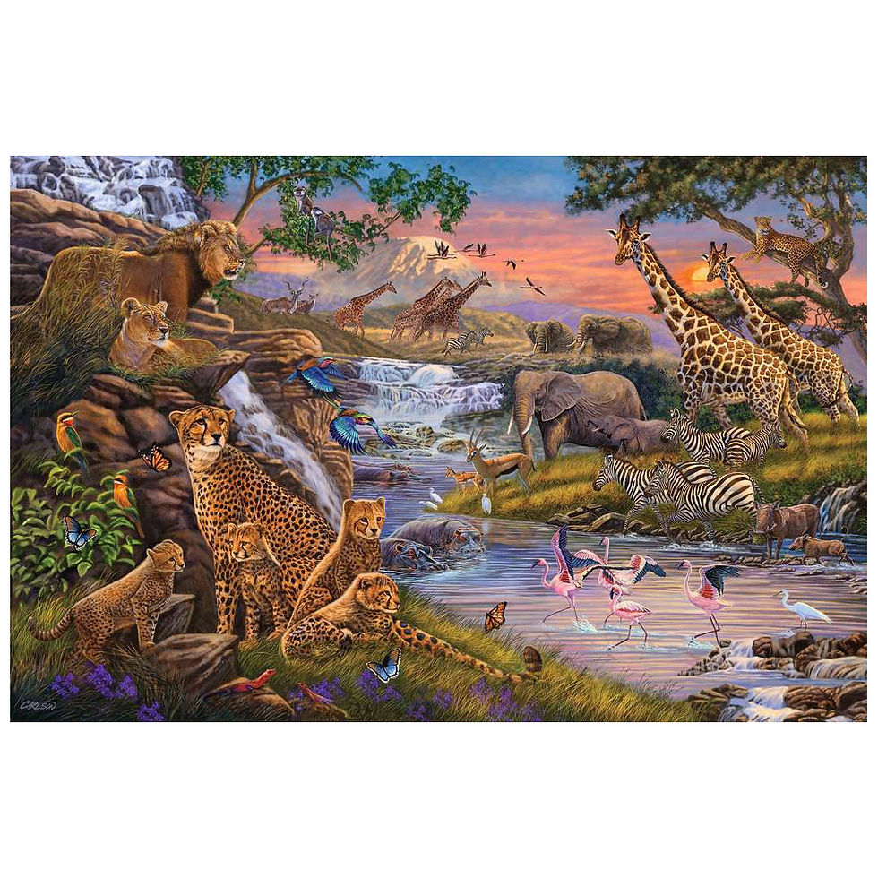 African wildlife scene: cheetah family, giraffes, elephants, and more