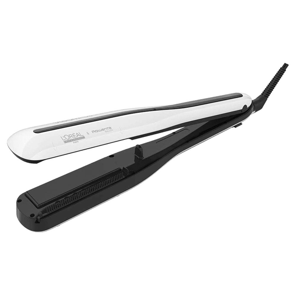 Sleek silver and black hair straightener