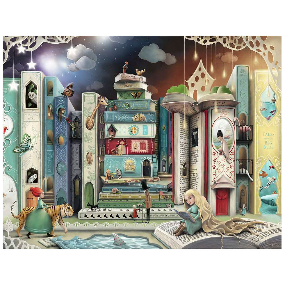Enchanted book town puzzle; girl reading