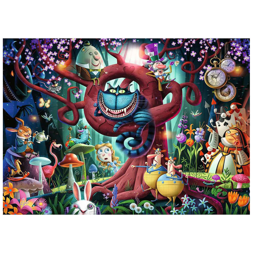 Alice in Wonderland puzzle: Cheshire Cat, Mad Hatter, and other characters in a whimsical forest scene.