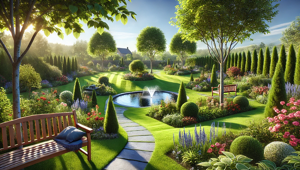 Neu gestalteter Garten mit einer Vielfalt an Gestaltungselementen, darunter bunte Blumenbeete, gepflasterte Wege, eine Rasenfläche und gemütliche Sitzbereiche. Das Bild zeigt einen lebendigen und abwechslungsreichen Außenbereich, der durch professionelle Gartenneugestaltung verschiedene Pflanzen und Materialien harmonisch kombiniert, um eine einladende und vielseitige Gartenlandschaft zu schaffen.