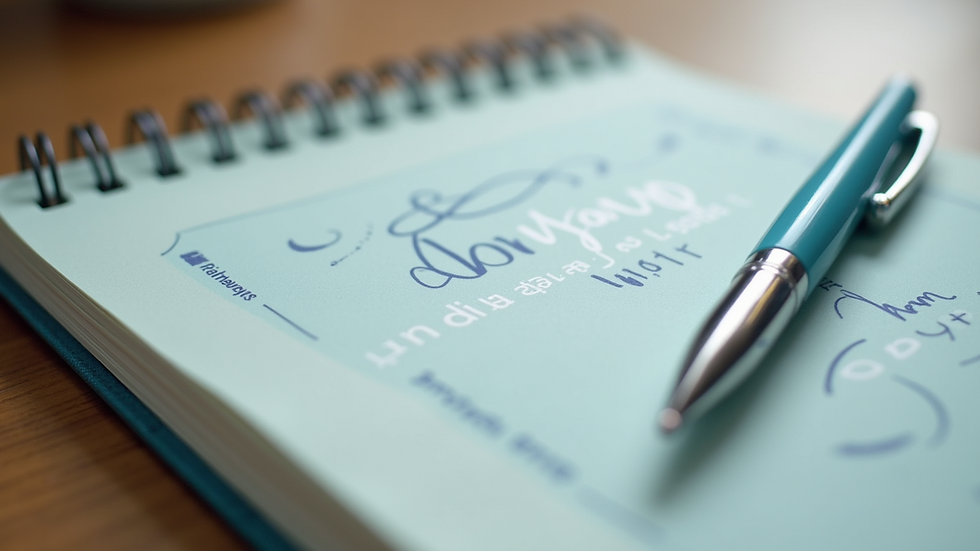 Close-up view of a journal and pen on a wooden table