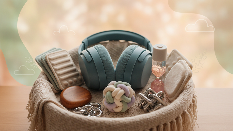 Close-up view of a sensory toolkit with fidget toys and noise-canceling headphones