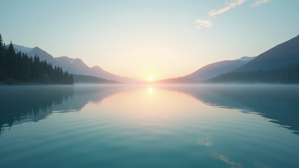 Eye-level view of a calm lake reflecting a soft sunrise
