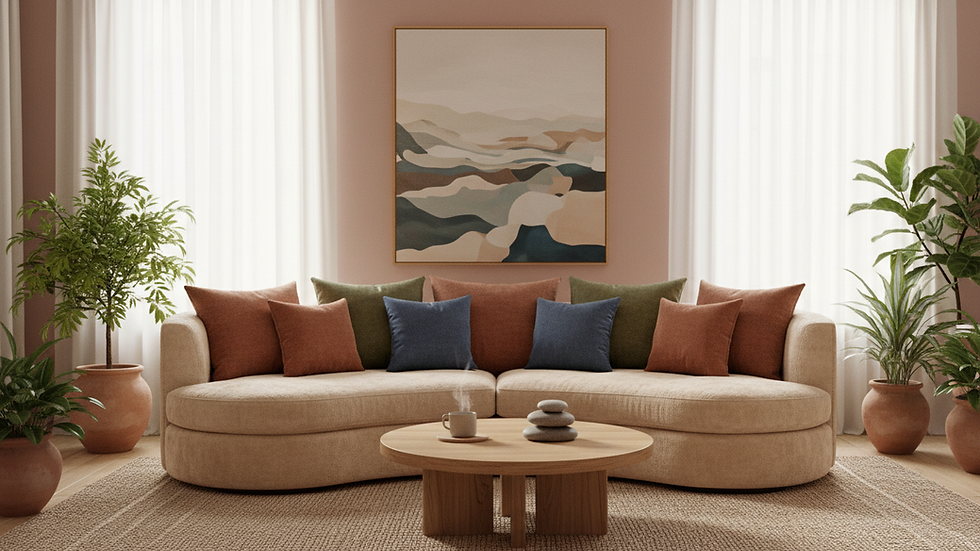 Eye-level view of a quiet room with soft lighting and comfortable seating
