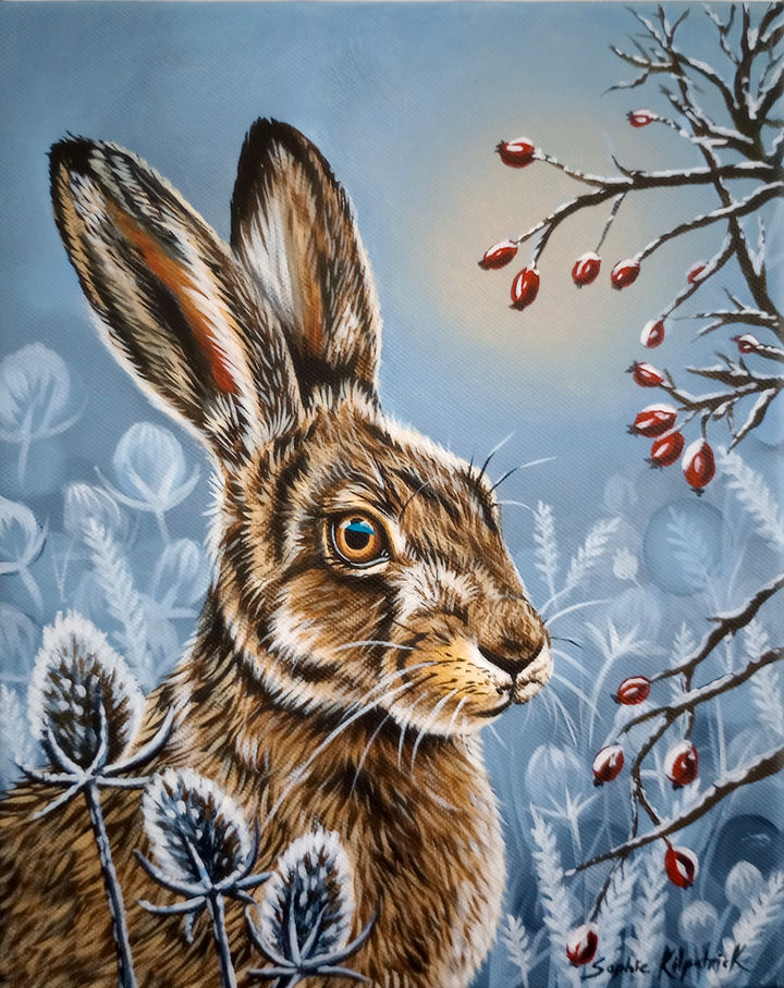 Hare in a winter scene with berries and frosty branches