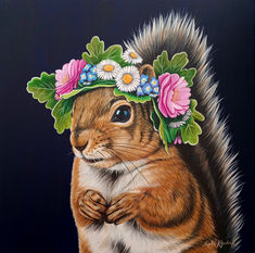 Squirrel with a flower crown on a navy background by UK Wildlife Artist Sophie Kilpatrick