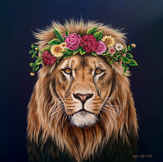 Lion wearing a flower crown against a dark navy background. Part of Sophie Kilpatricks Wild Royalty Collection