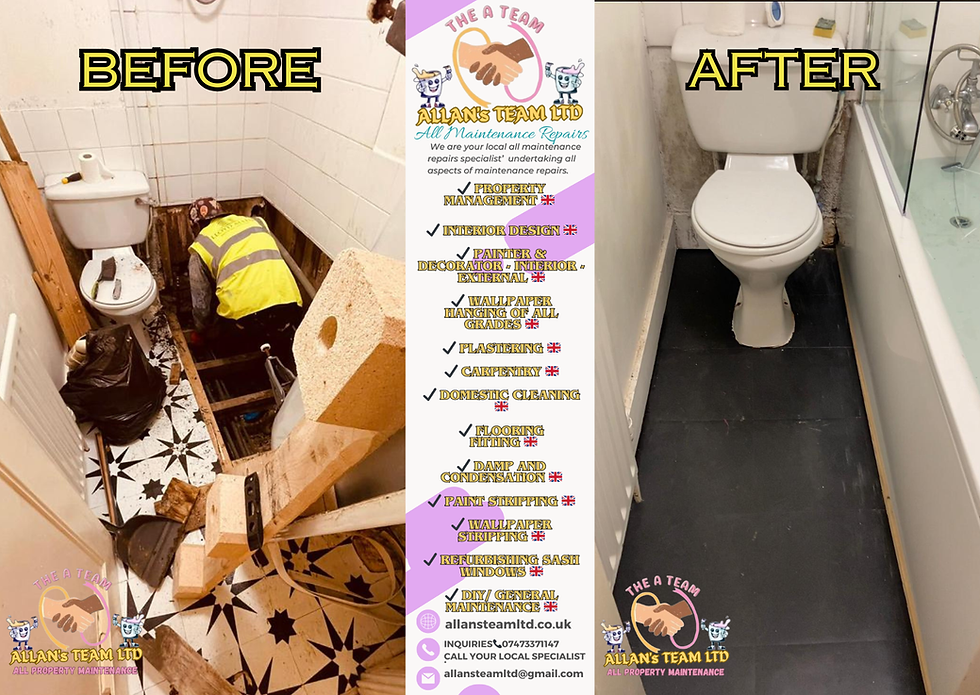 ( Bathroom repairs and full installation. )
In this picture, you will see a before and after of a bathroom repair. which we had to change the joist that holds the floorboards up, because the bath was leaking for so long that the wood had rotted away, If your ceiling is compromised, get in touch. A, SAP