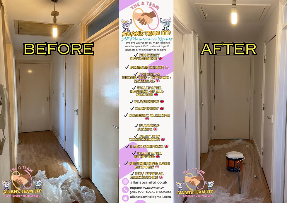 Hallway painting and decorating,
This picture is a before and after of a residential property hallway, This picture I will show you before and after so you know what to expect 😀