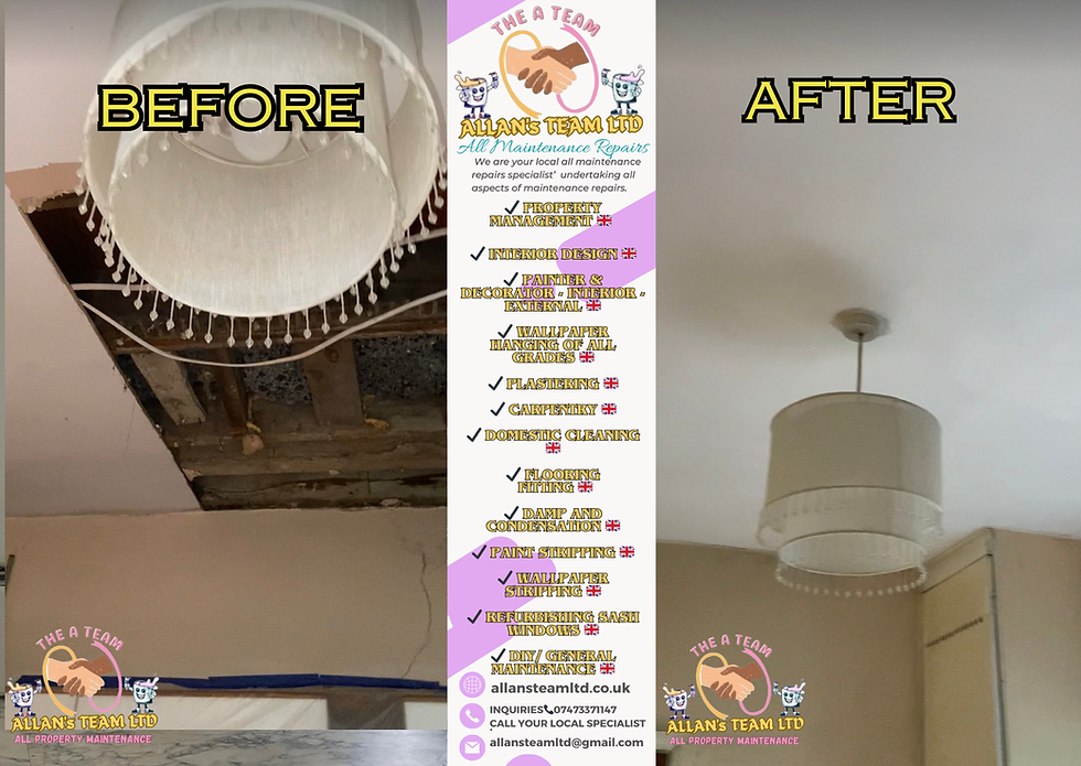 ( Drywall / Plastering Celling Repair )
This client contacted us. explaining that the kitchen ceiling has collapsed due to water damage from. the apartment above. We was happy and swift to get round there and complete the repair for this client, As you can see in the before and after pictures.✅