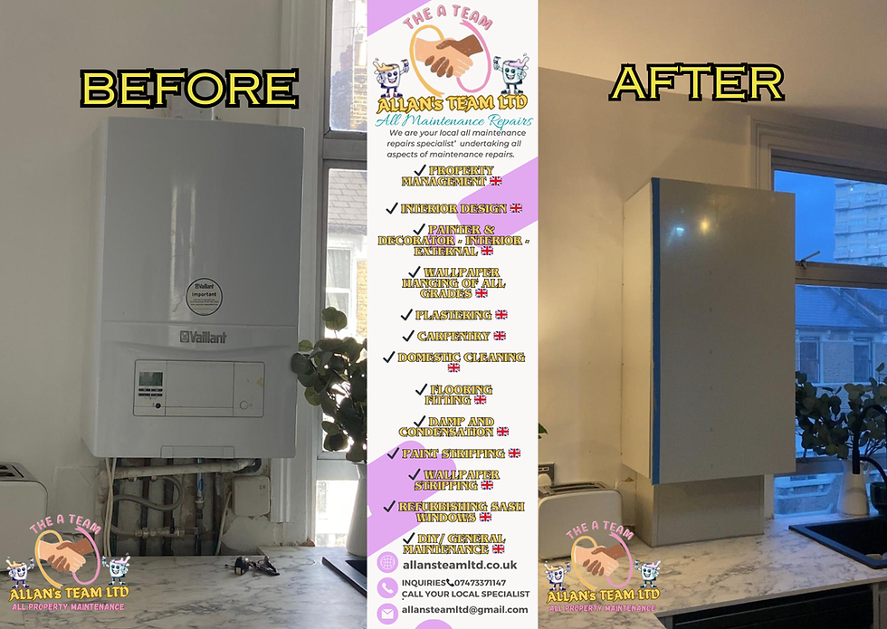 Before and after picture of boxing in a boiler with the same finish that the kitchen cupboards have.
No one laughs when a boiler and the pipes are on the show we can guarantee you that we can. that we can do a professional. flawless cover up that blends in with your kitchen.✅