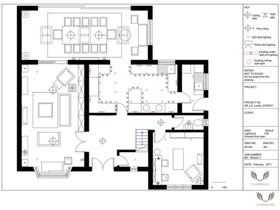 Floor plan to demonstrate the furniture and lighting layout on the ground floor. 