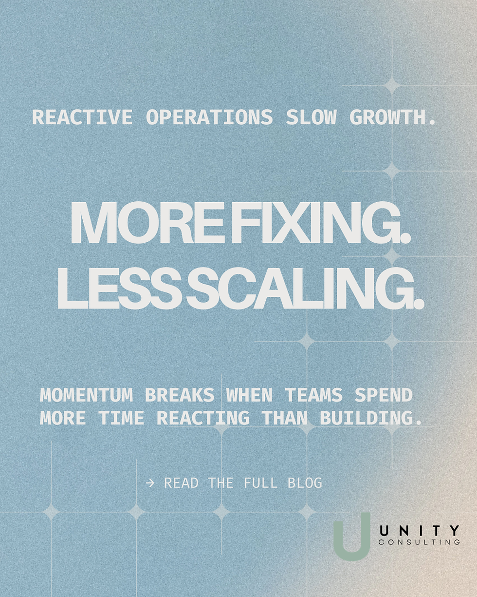 Blue editorial graphic with the text “More Fixing. Less Scaling.” representing how reactive operations and operational friction slow business momentum and scalable growth.