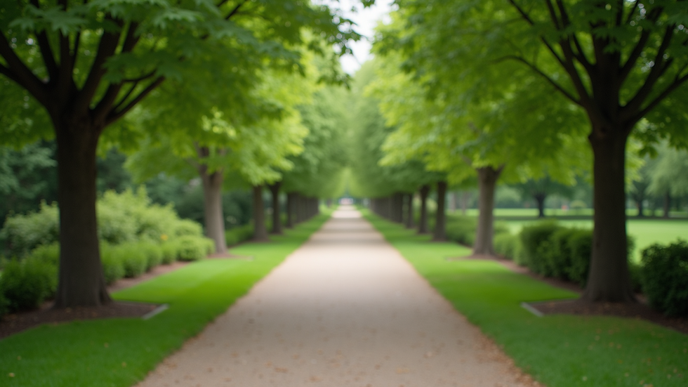 Eye-level view of a peaceful garden path surrounded by green trees
