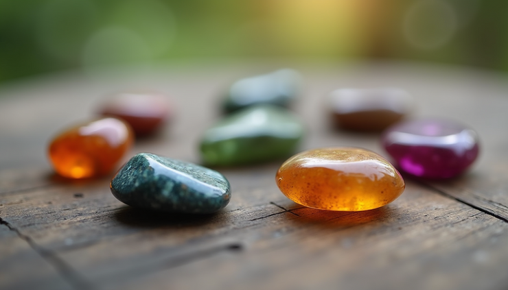 Eye-level view of seven colorful chakra stones arranged in a circle on a wooden surface