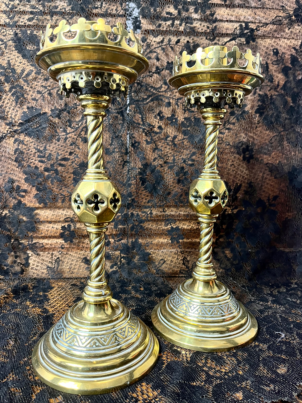 Victorian Gothic Revival Brass Candlesticks