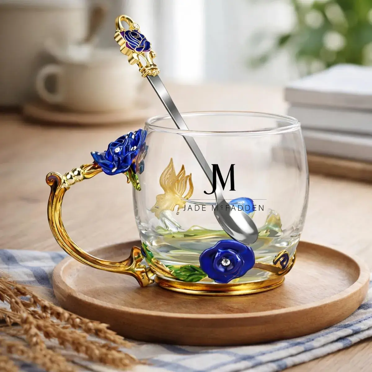 JM COMPANY LOGO PRINT VINTAGE-STYLE ENAMEL FLORAL GLASS MUG WITH SPOON // 12oz