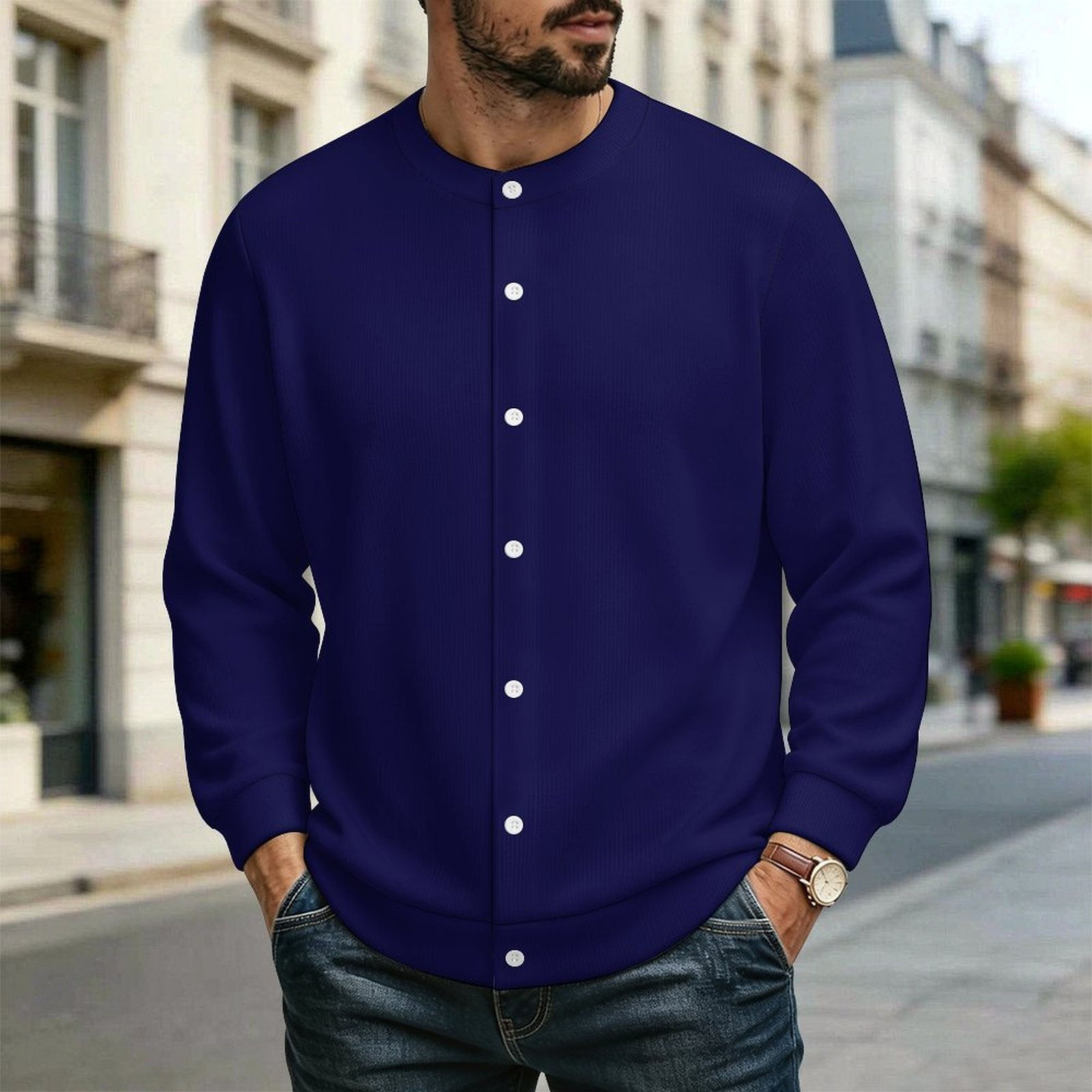 MEN'S FULL BUTTON-FRONT RIBBED CARDIGAN // Dark Navy Blue & White