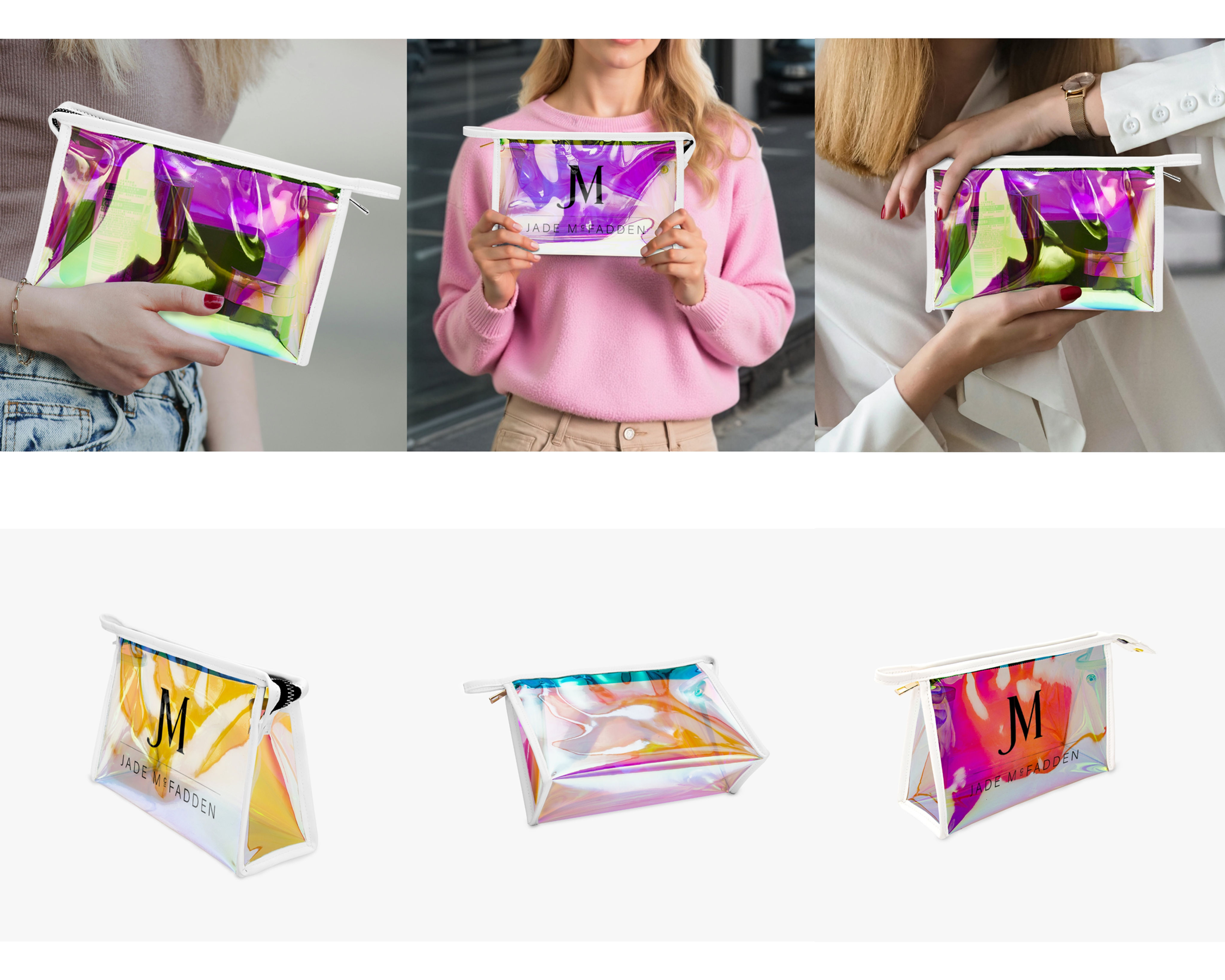JM COMPANY LOGO PRINT HALOGRAPHIC PVC COSMETIC BAG 